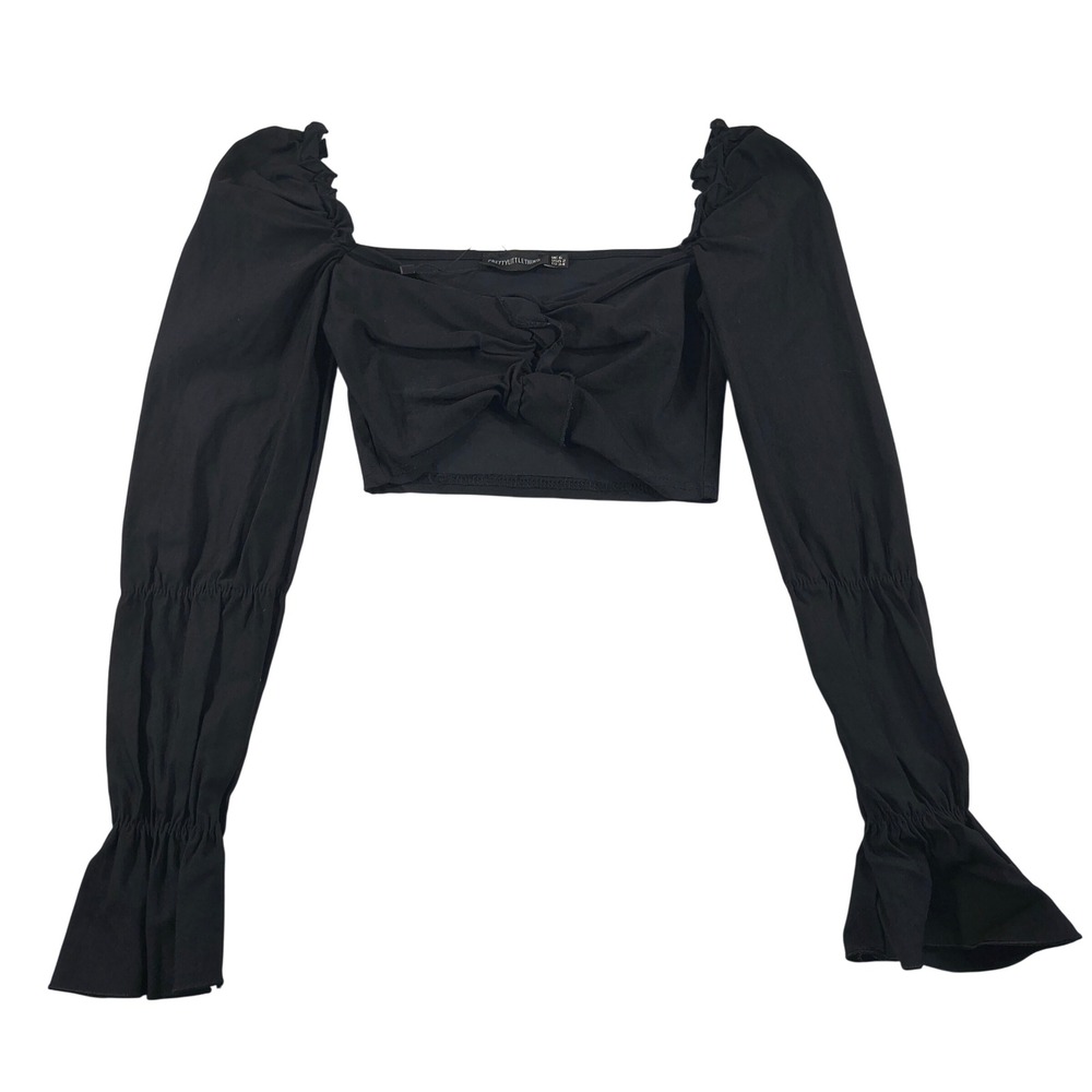 PrettyLittleThing Black Crop Top Tie Front Bow Puff Sleeve Party Clubwear Size 2